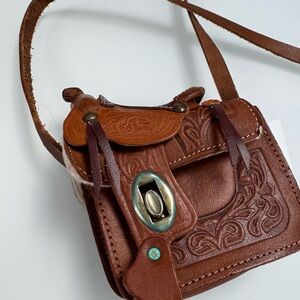 VINTAGE Genuine Leather Hand Tooled Saddle MINI Shoulder Bag Mexico Western
